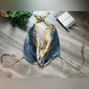 Musera Multicolored Abstract Print Drape Neck Sheer Backless Halter Top. Size M